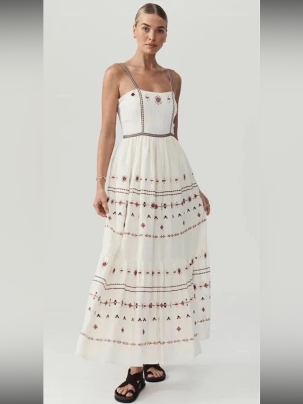 Anthropologie Embroidered Linen Maxi Dress US 4 MOS Boho Vacation Resort Beach